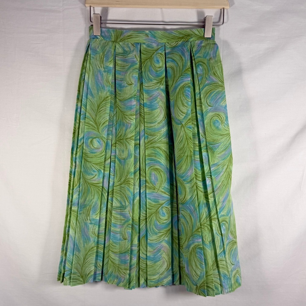 Joycee Lane Vintage Pleated Skirt Size 11 Green Blue Swirl‎ Print Midi